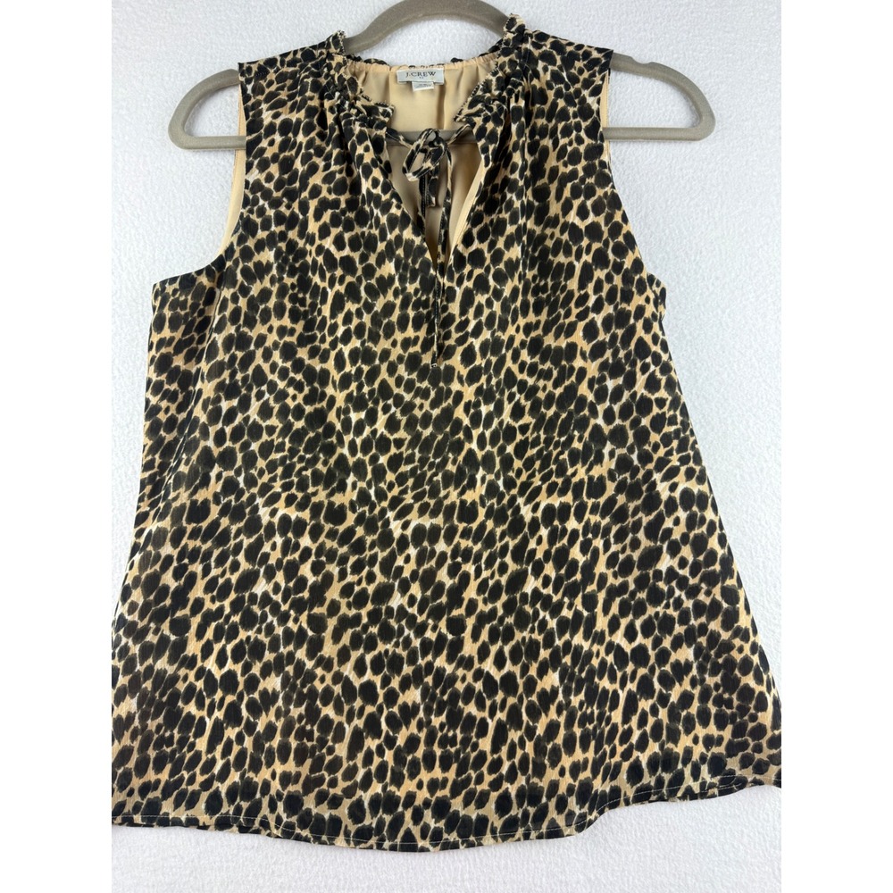 J.Crew Womens Leopard Print Ruffle Tie Neck Sleeveless Blouse XS Tan Black‎
